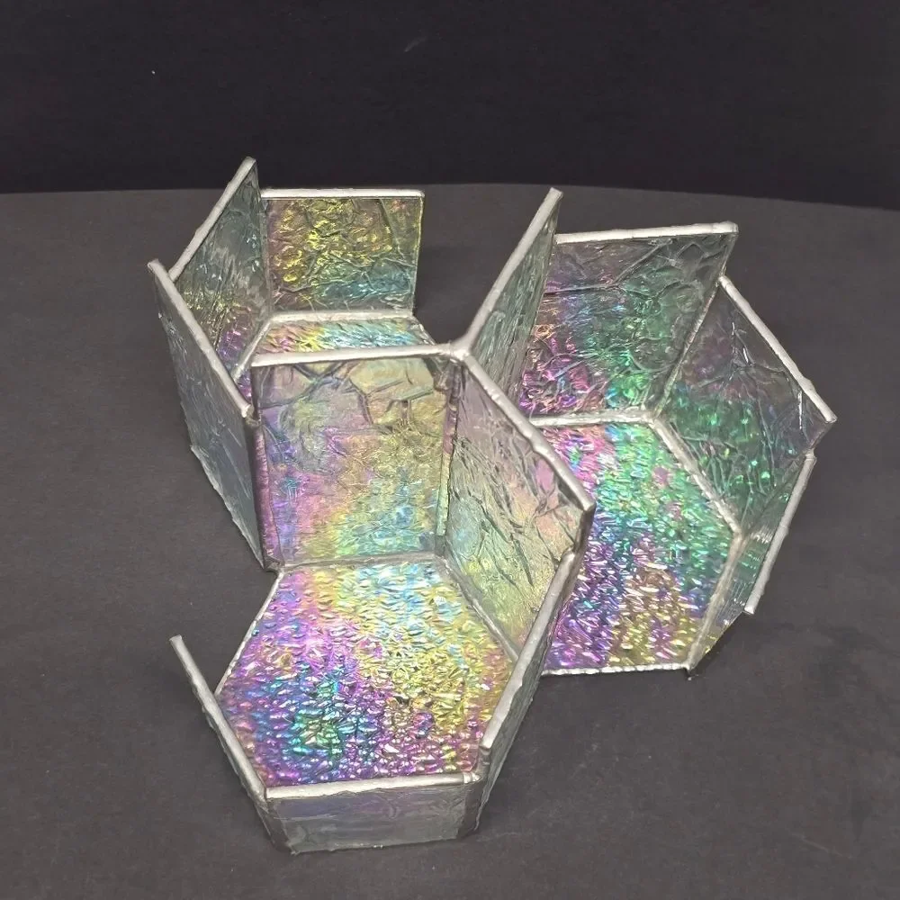 Vintage 3-slots Stained Glass Iridescent Bottom Modernist Votive Candle Holder